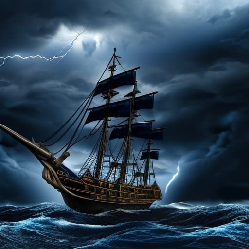 Pirate ship in the stormy sea