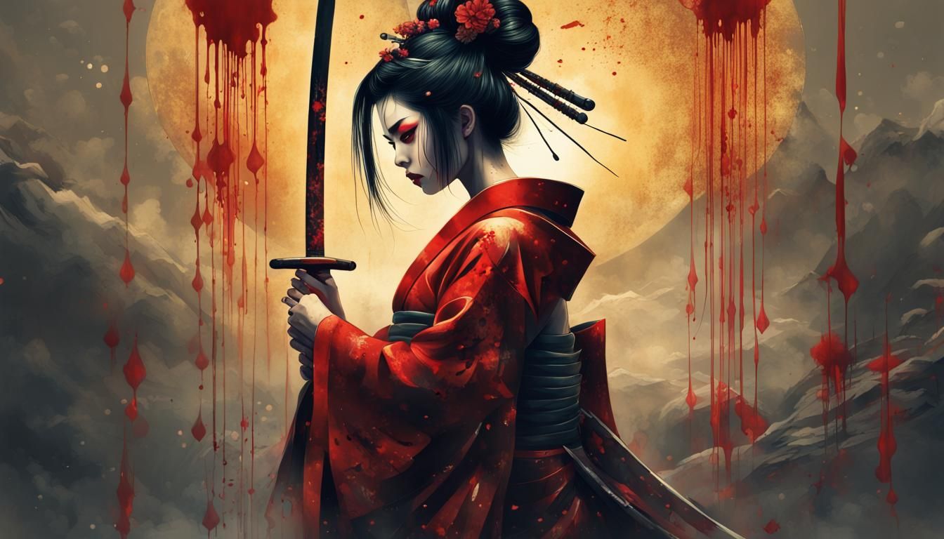 geisha holding a katana with blood dripping from the blade cyber punk ...