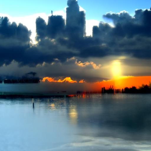 City skyline across the water at sunset