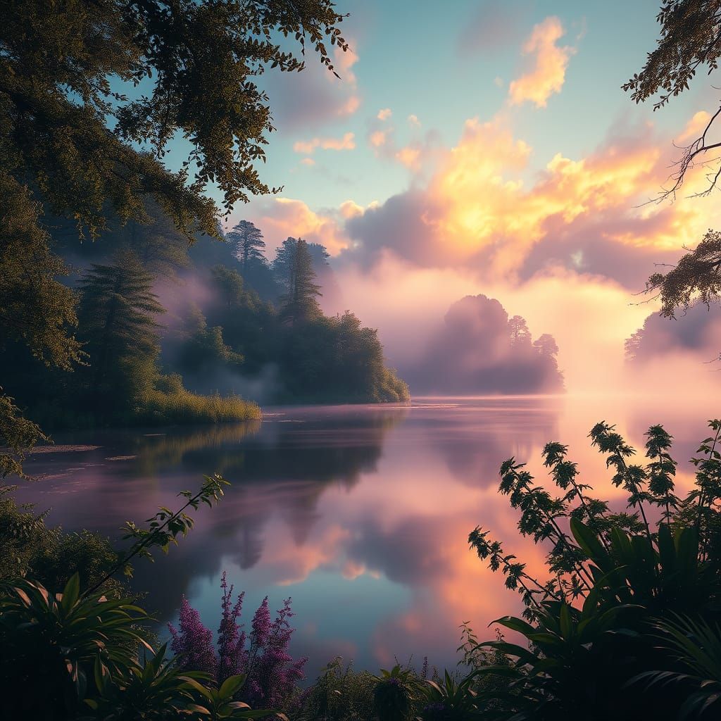 Reflective Misty Lake  by @Renni
