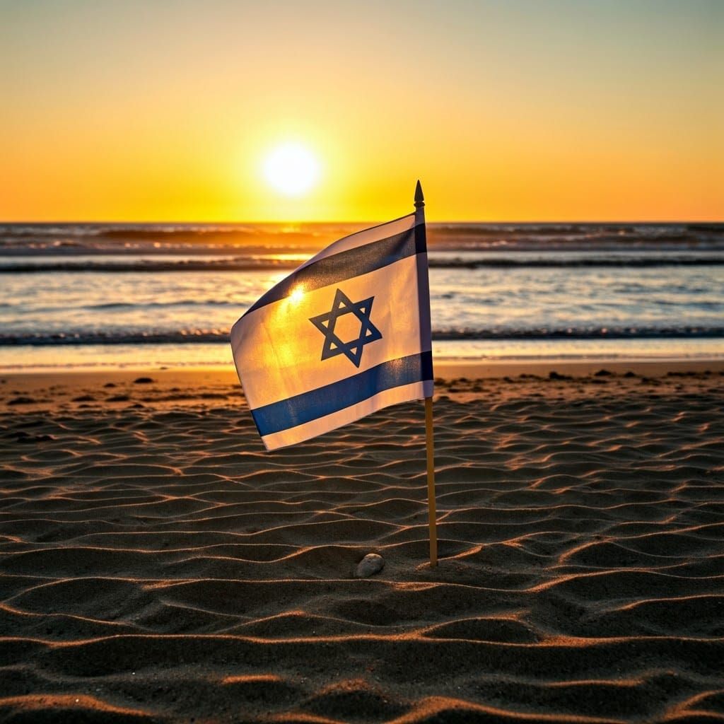 Israeli Flag at Sunset on the Beach