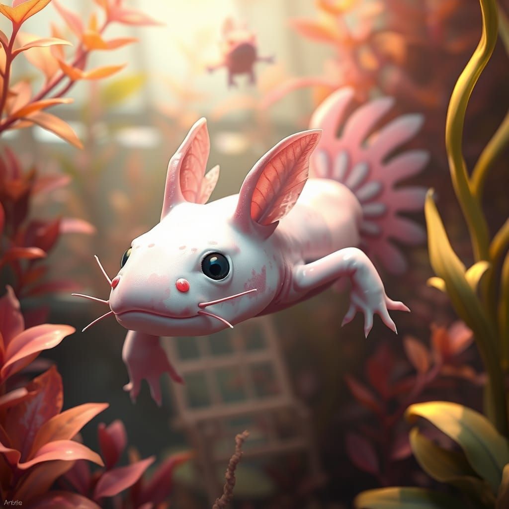 Dreamlike Aquatic Scene with Leucistic Axolotl