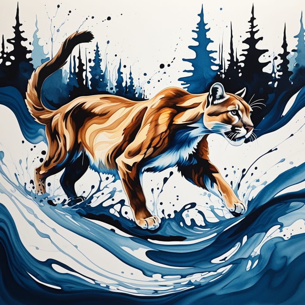 An abstract fluid painted animation of a cougar running in a mountain forest and then leaping onto a large rock. 