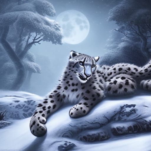 Snow Leopard , Snowy Forest, Moon - Ai Generated Artwork - Nightcafe 