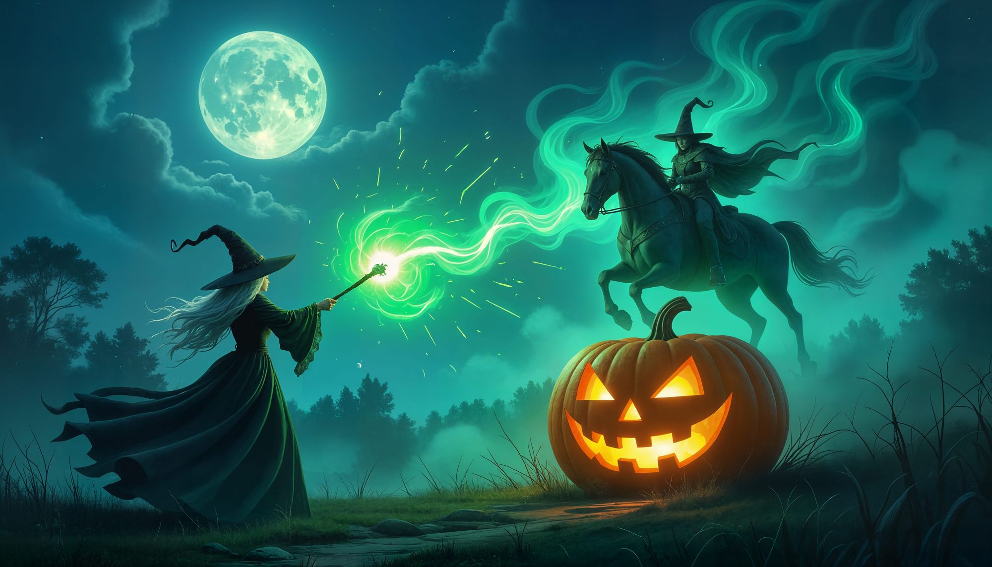 Enchanted moonlit landscape, a old witch casts a spell to bring forth the headless horseman from a pumpkin