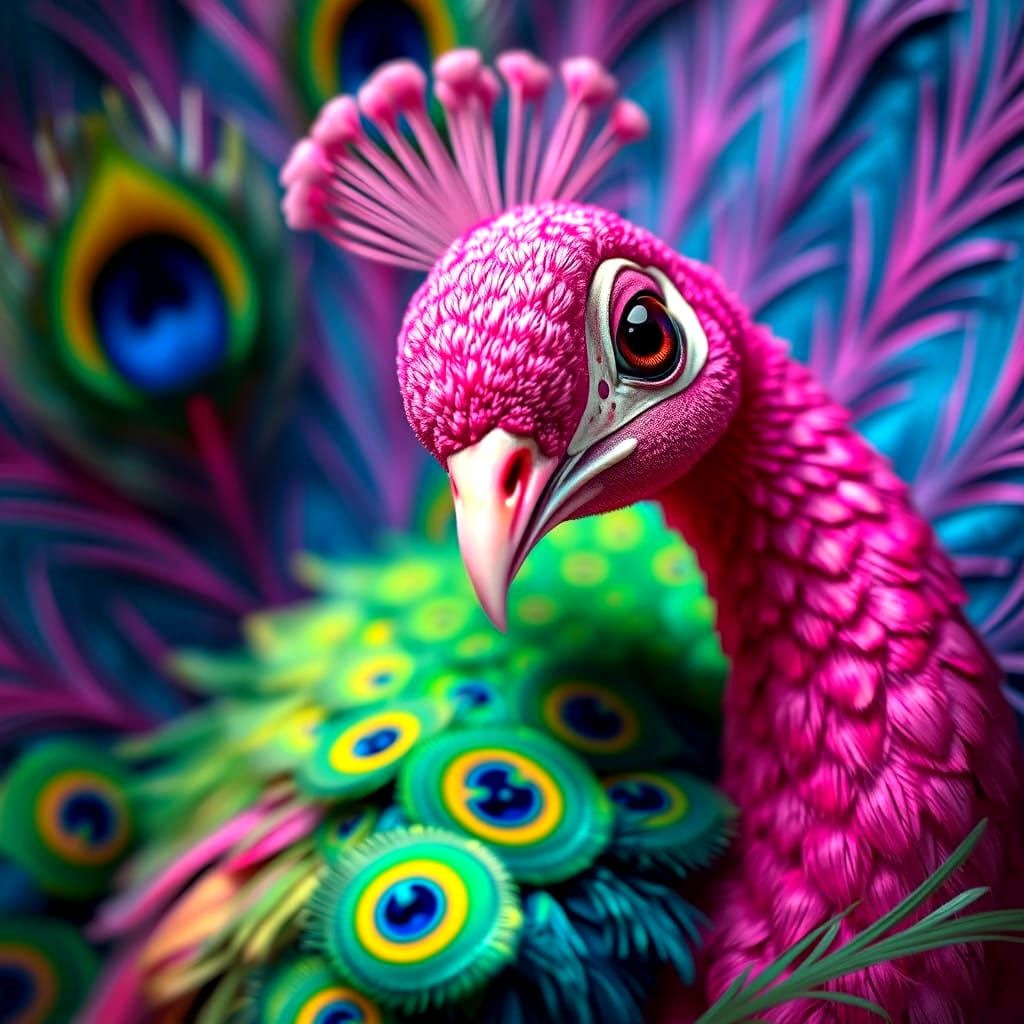 Whimsical Neo-Impressionist Peacock Portrait in Dot Work Sty...