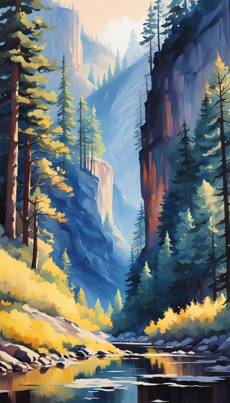 California Dream Watercolor Painting with Dark Shadows