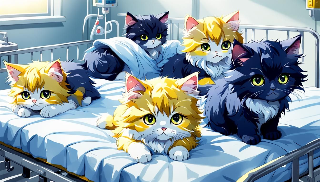 Fluffy kittens resting on a hospital bed