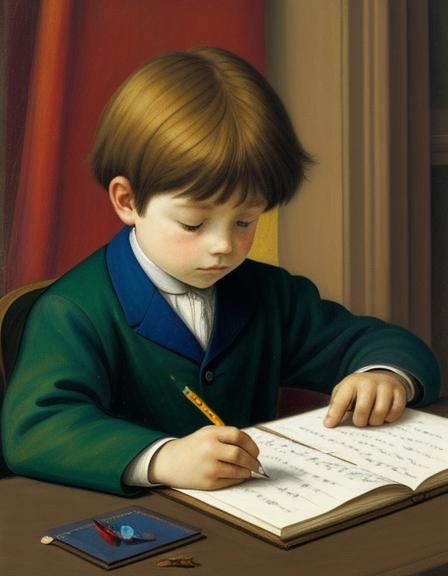 a child practicing his handwriting, oil paint, in the artstyle of Phoebe Anna Traquair