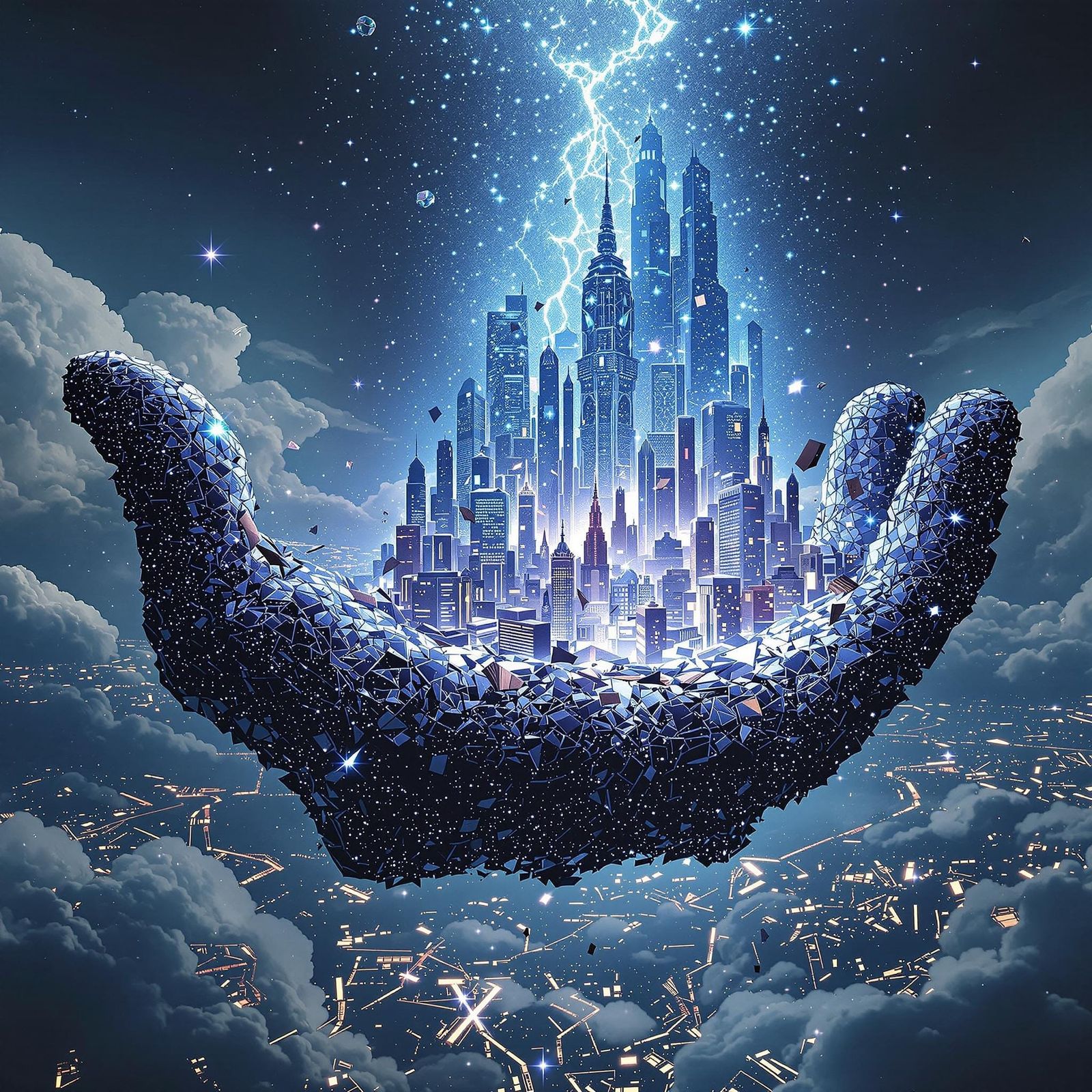 Flying Megapolis Disintegrates in Digital Entity's Hand