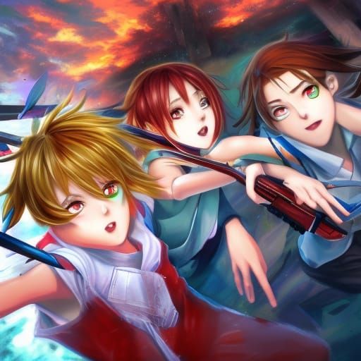 teenagers, 2 boys, 2 girls, battling enemy for crystal Hyper...