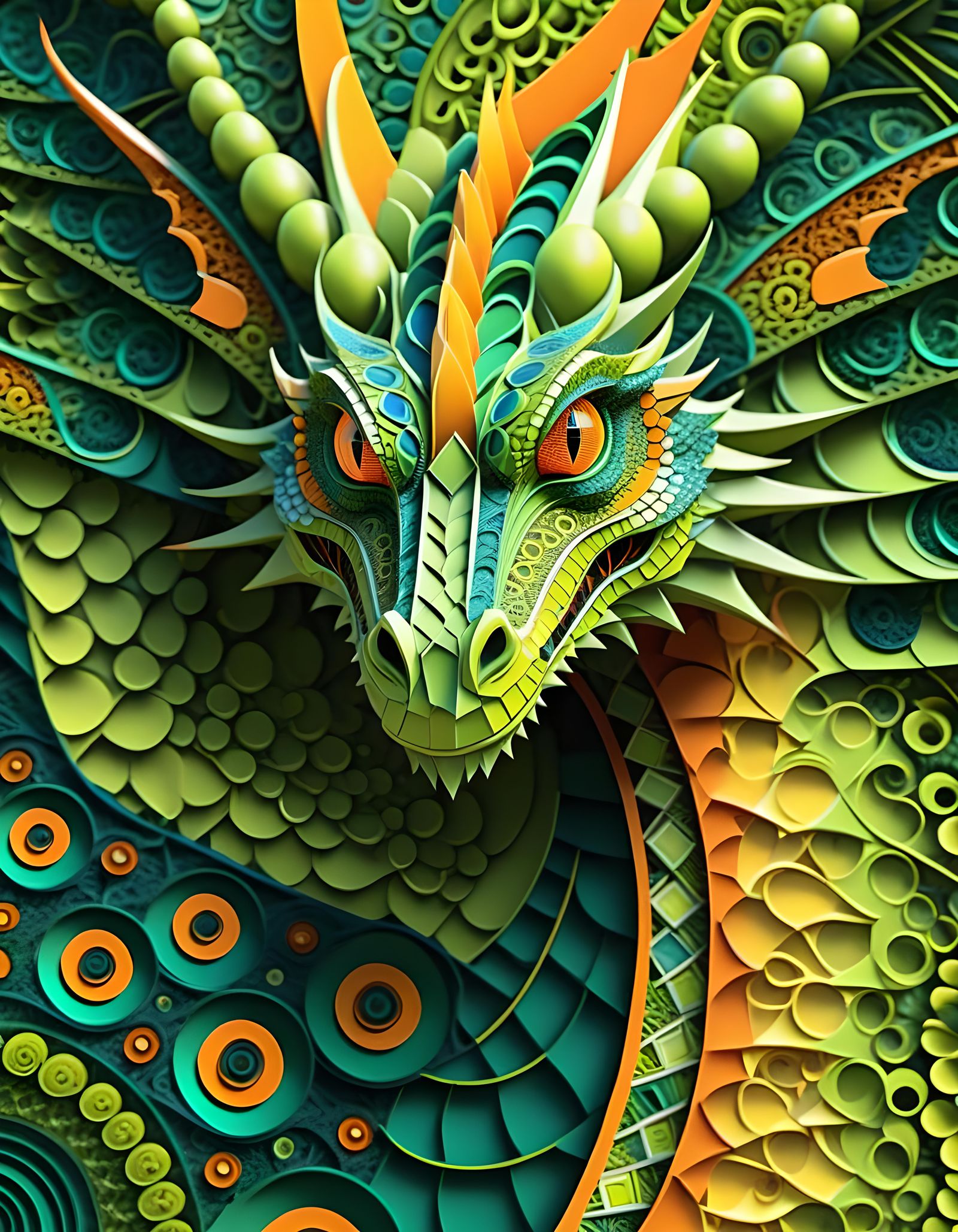 Geometric Dragon in Bauhaus Style with Fractal Details
