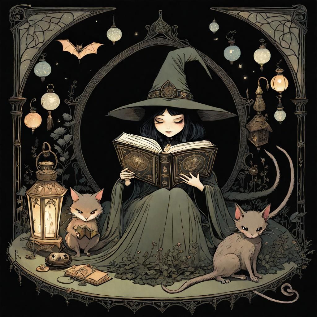 A cute pouty gothic witch and cat, toad, bat, spider, moth, rat, snake ...