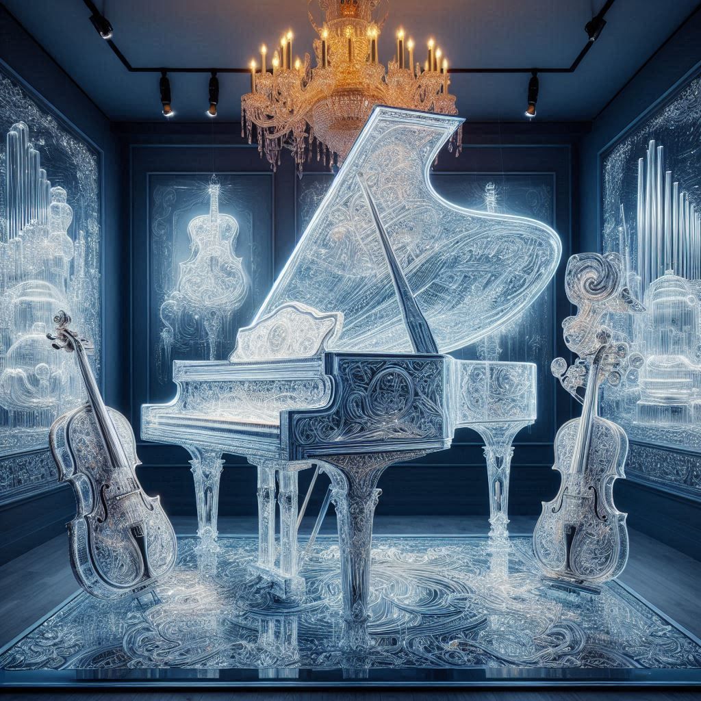BEAUTIFUL SEE THROUGH  GRANDE PIANO AND CHELLOS