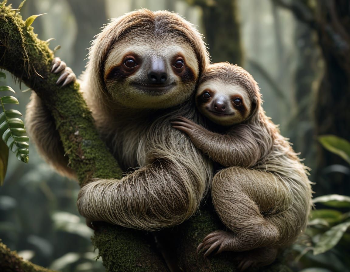 close up of a beautiful adorable sloth carrying a baby sloth on her back, perched on a moss covered branch in the Australian jungle. soft, e...