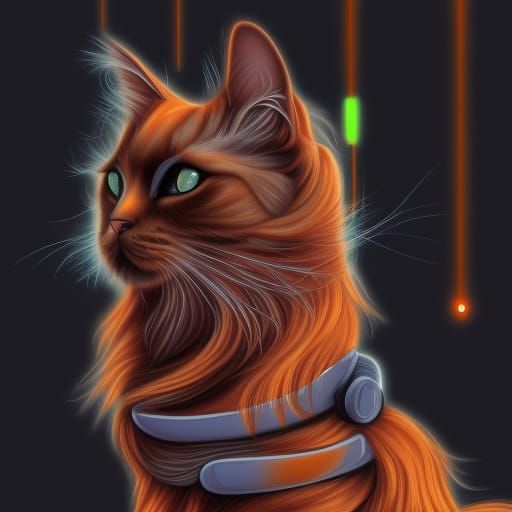 Futuristic cyberpunk orange long haired cat, digital illustr...