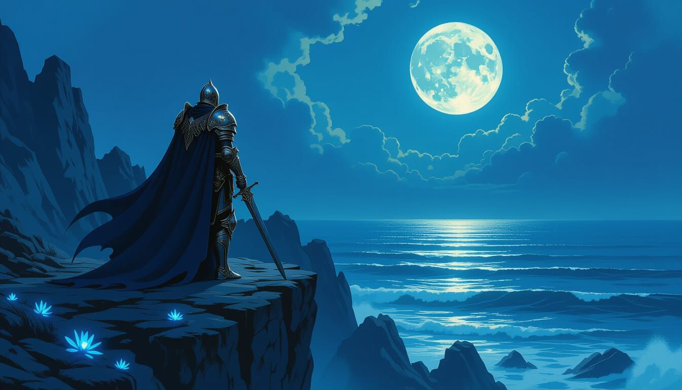 A majestic knight in ornate, gleaming armor stands on a windswept cliff overlooking a vast, alien ocean under a sky filled with twin moons. ...
