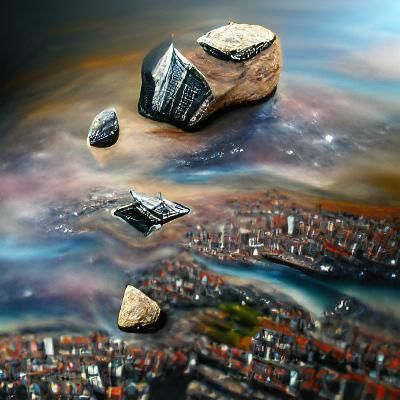 city on a rock flying in space realistic painting