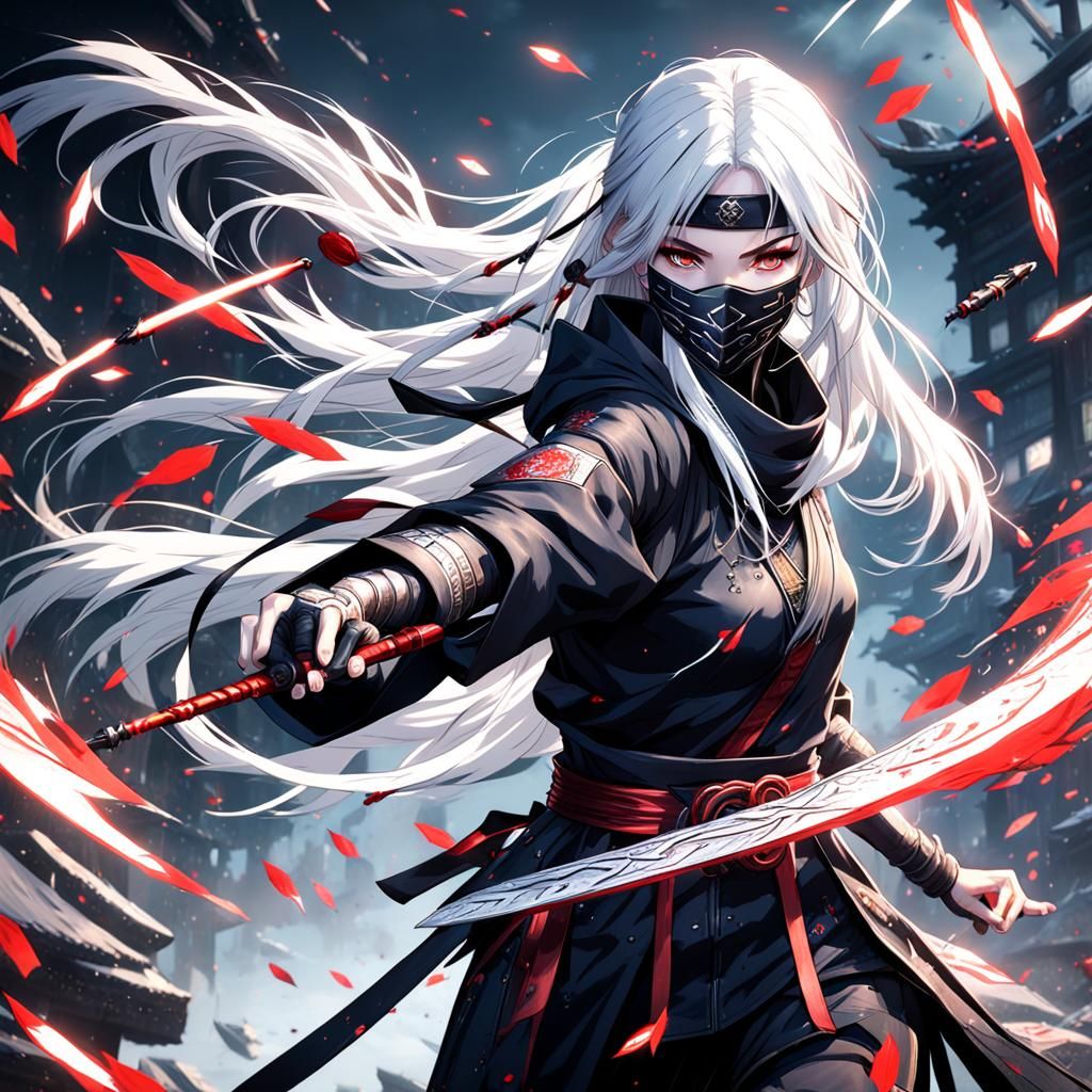 Anime Ninja Girl Throwing Darts in Detailed Painting