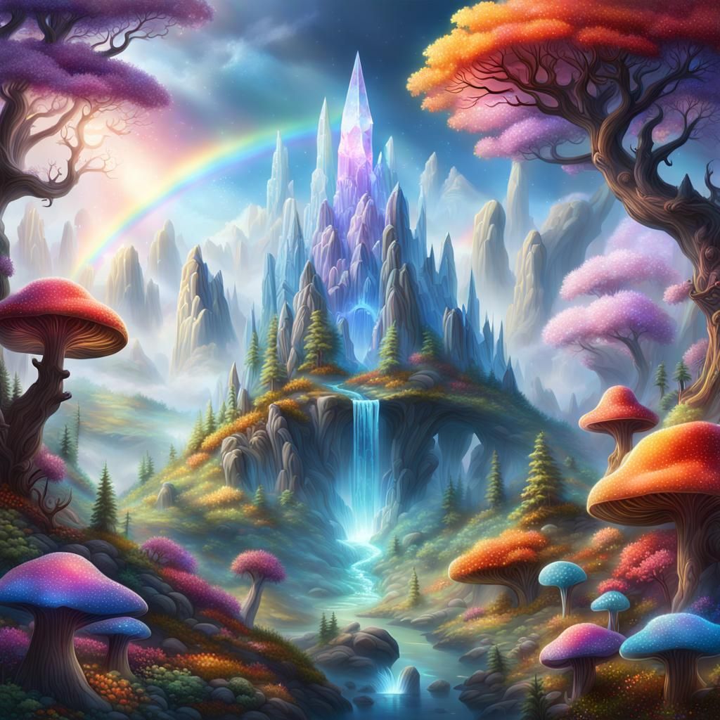 Rainbow Crystal Landscape in Detailed Matte Painting