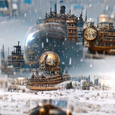 steampunk city in a large frozen snow globe 8k resolution