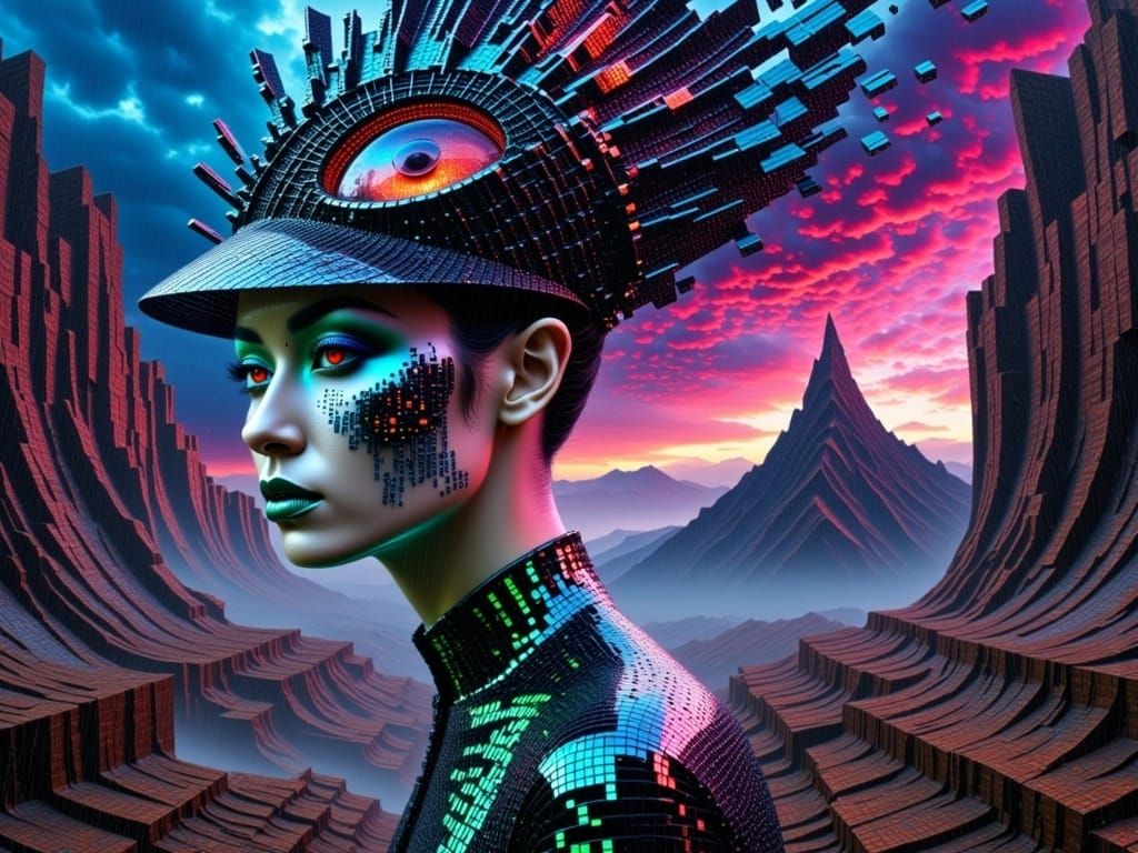 "white woman with little shiny digital zebra hat"; white and black, low angle distorted point_of_view; icy blue on black 0s and 1s suit hold...