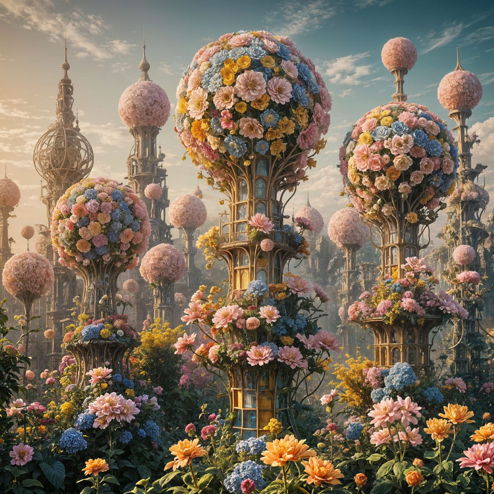 Surreal Flower Structures in a Dreamlike Landscape