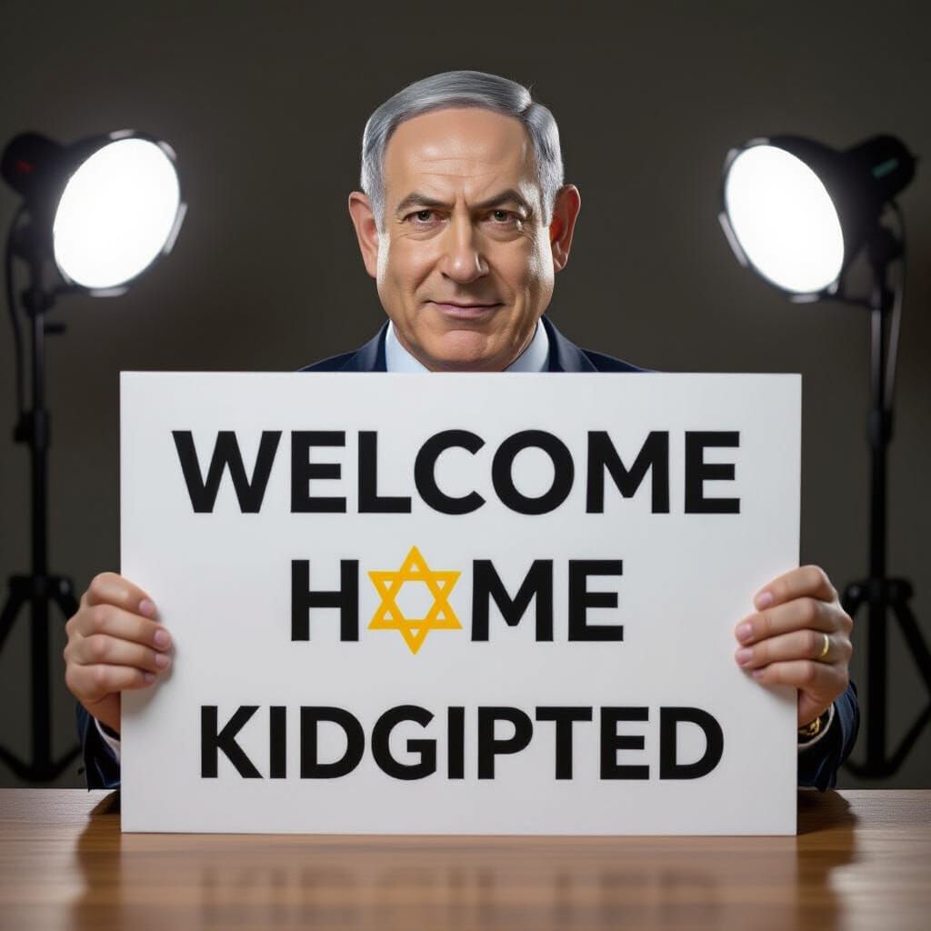 Netanyahu Holds "Welcome Home Kidnapped" Sign