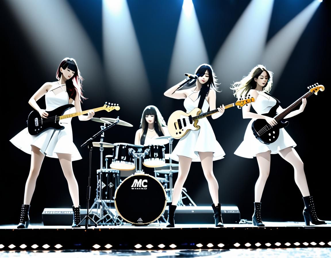 Girl Music Group Playing Instruments dressed In Mini White Dresses girl-music-group-playing-instruments-dressed-in-mini-white-dresses