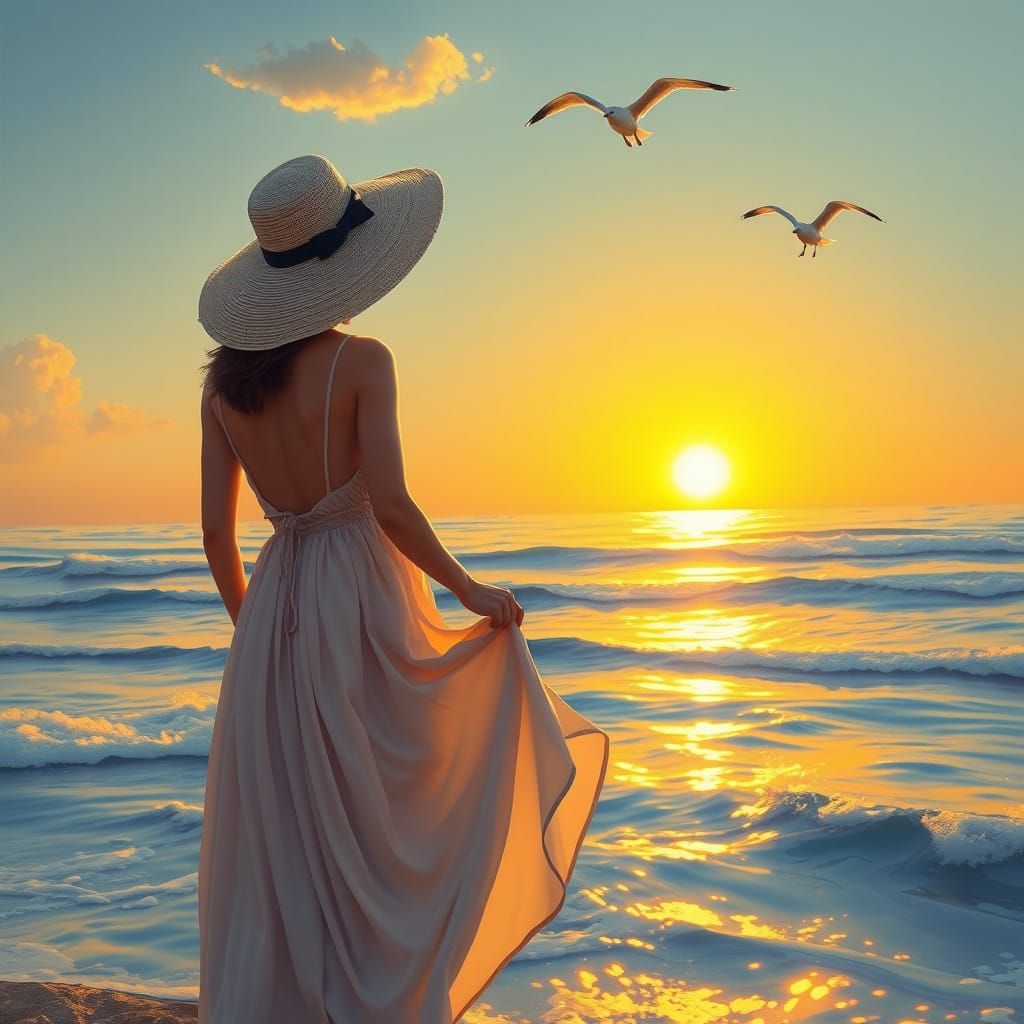 Woman at Sunset Ocean's Edge in Impressionist Style