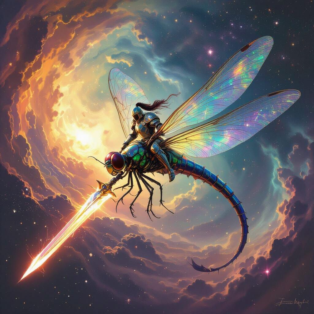 Knight on Giant Dragonfly in Nebula, Epic Concept Art