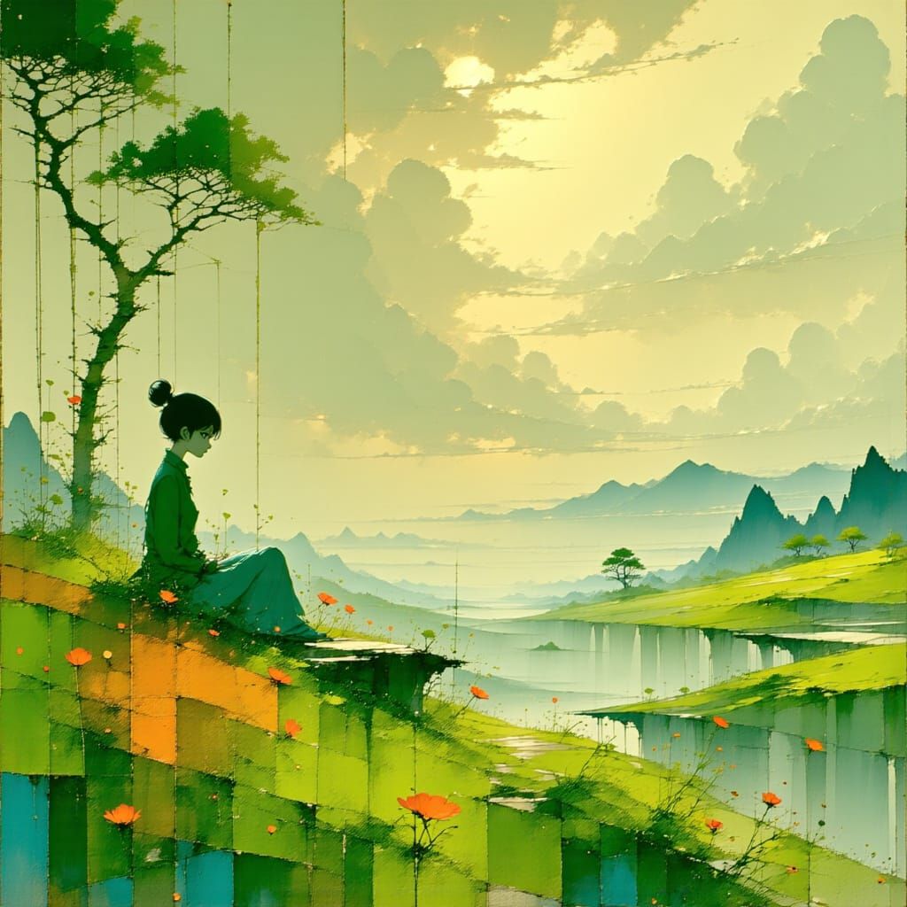 Idyllic Woman in a Dreamy Landscape with Vibrant Wildflowers