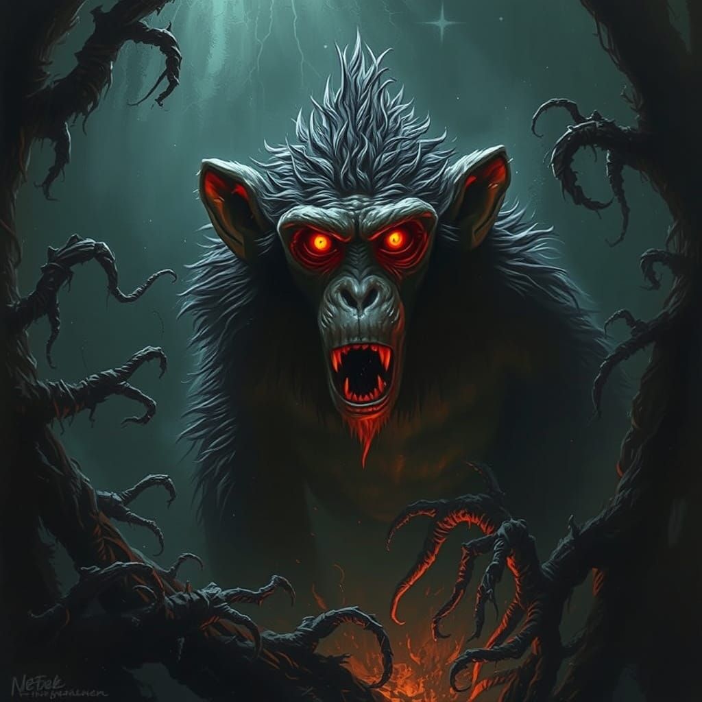 Dark Fantasy Monkey Warrior in Haunting Chiaroscuro