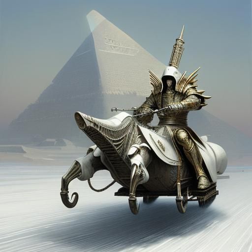 white futuristic sidecar with white 
tires. Egyptian god rid...