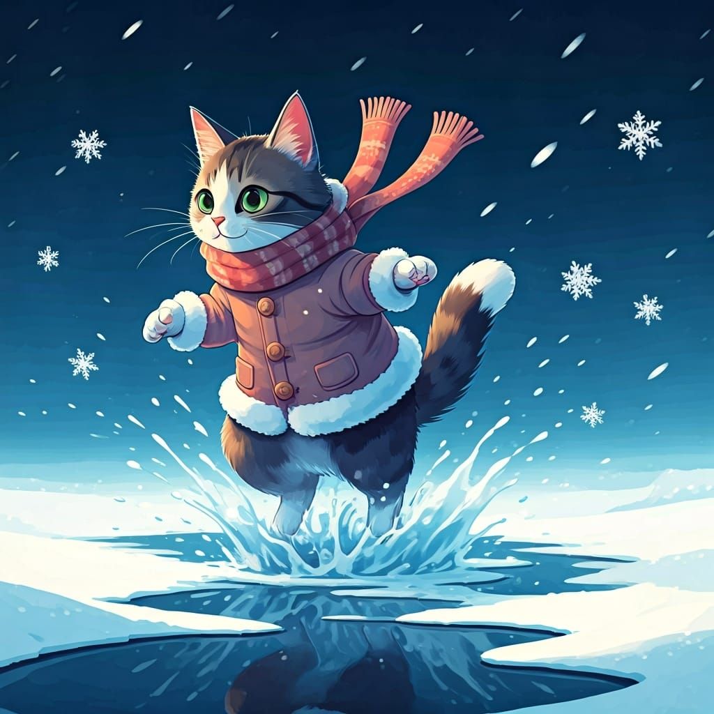 Whimsical Winter Cat's Anime Puddle Jump