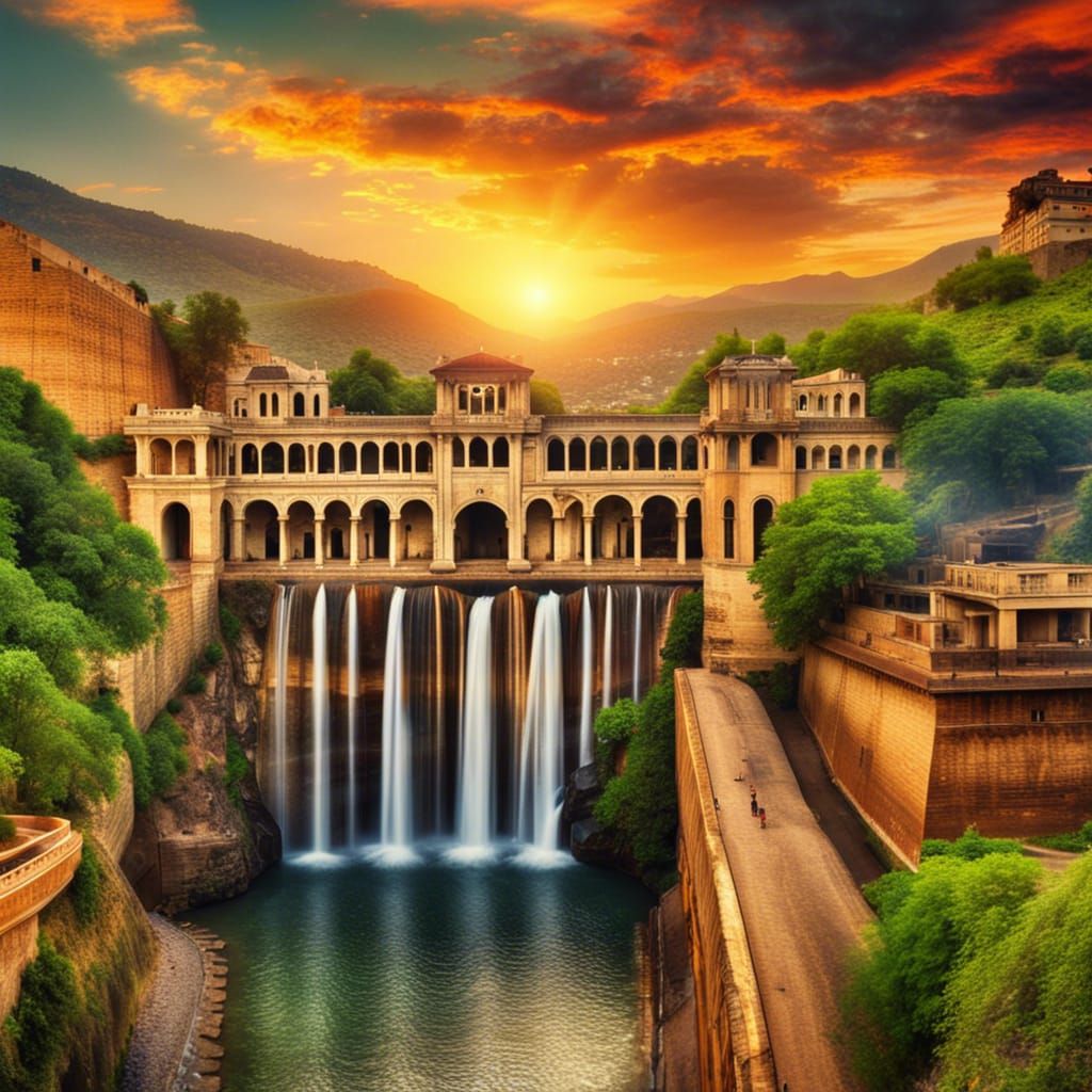 panoramic view of beautiful waterfall inspired city palace a...