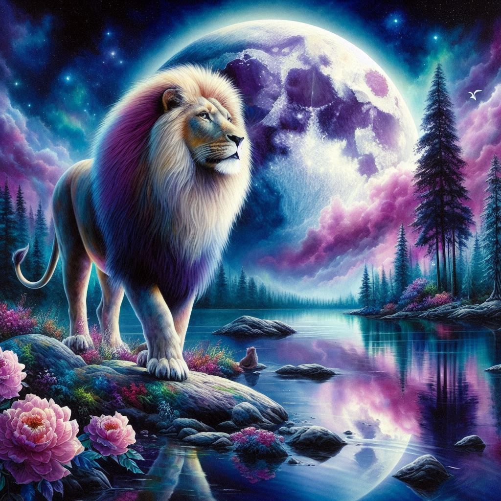 Magestic Lion Enjoying A Full Moon Night