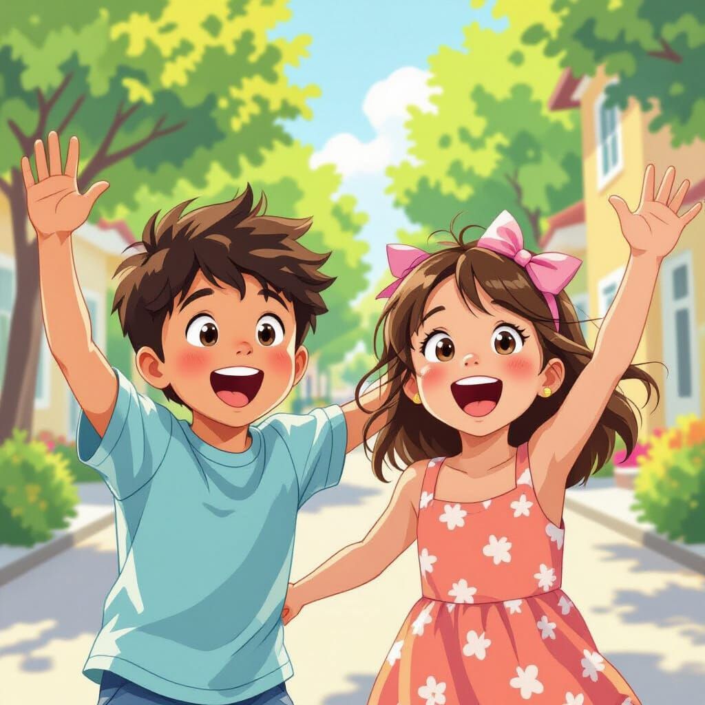 Excited Children in Playful, Colorful Outdoor Scene