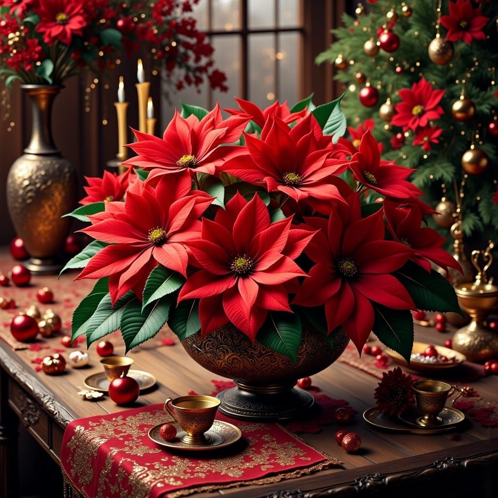 <lora:Still life Intensity:1.0> poinsettia on a festive chri...