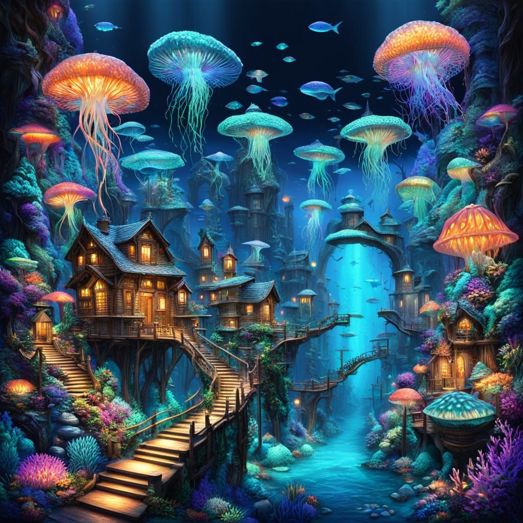 Ultra-detailed glowing underwater neighborhood woven into bioluminescent coral reefs and sea caves, vibrant ...  by @JH Putra