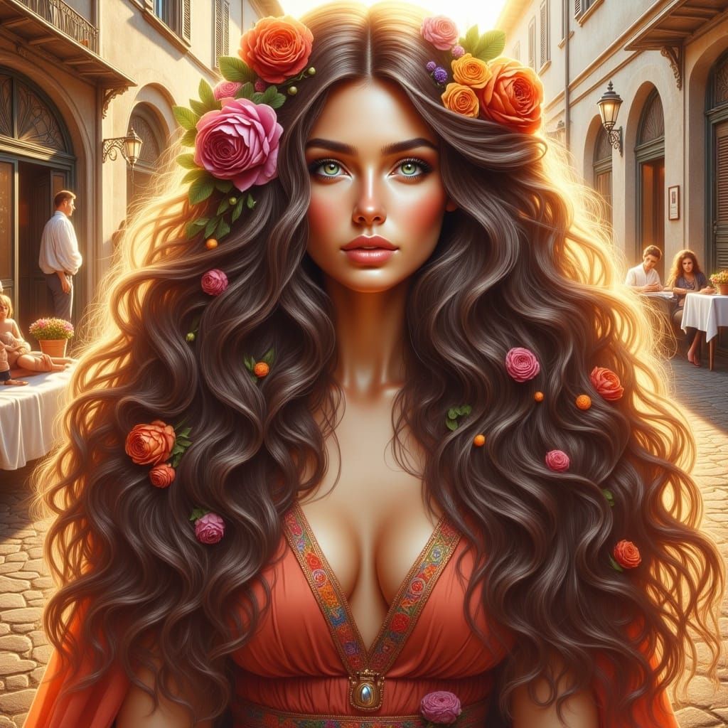 <lora:Illuminate:1.0> Photorealistic painting, full body beautiful female, perfect features, long wavy hair in tendrils with multitude of vi...