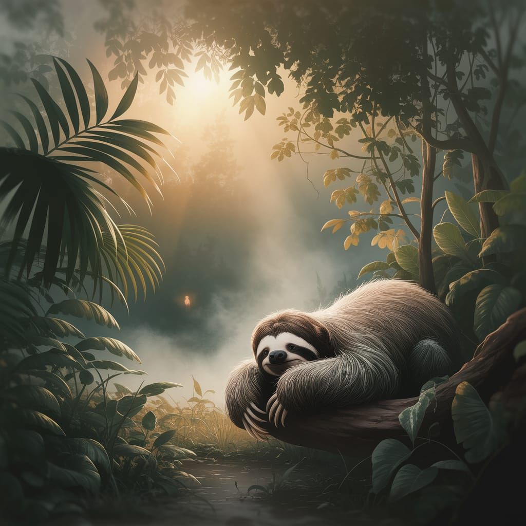 Today's theme is sloths.
Ethereal fantasy. Medium shot. A sloth resting under the leaves of a tropical forest, embracing the misty landscape...