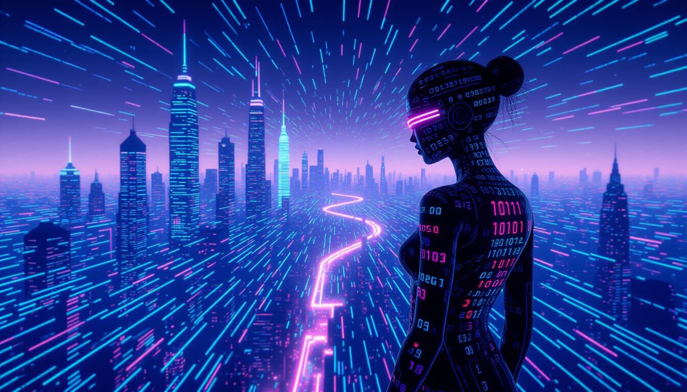 Cyberpunk Cityscape with Digital Being