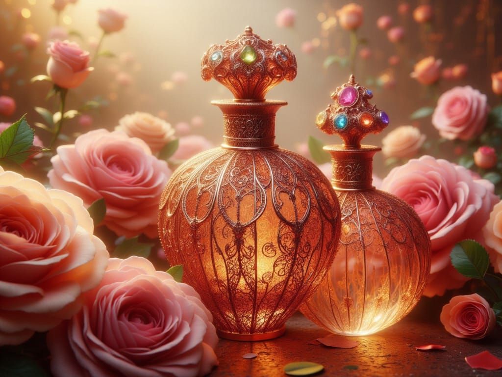 <lora:FiosCopperLace:1.0> Perfume Bottles and flowers