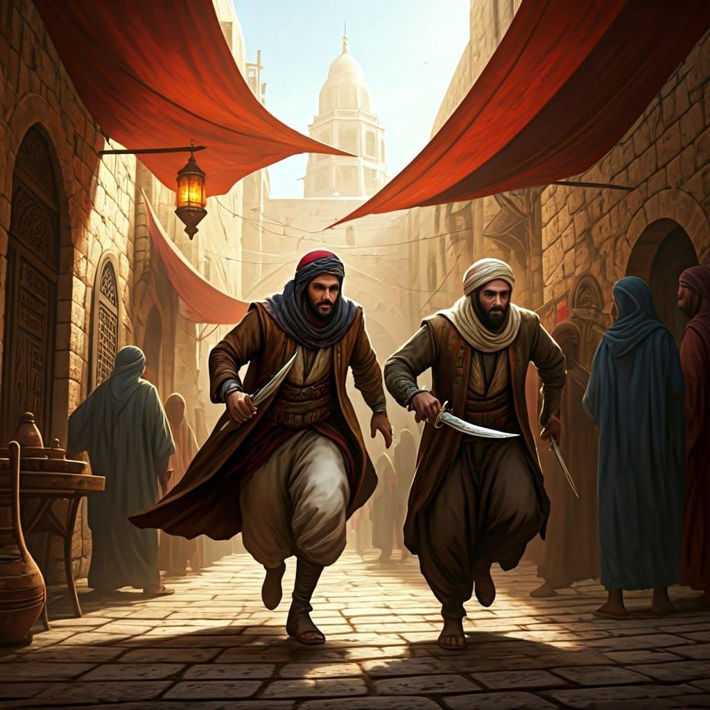 Middle Eastern Warriors in Traditional Attire, Running Throu...