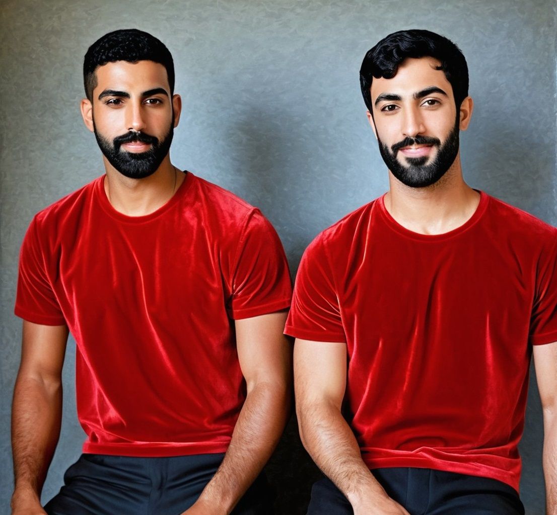 Two bearded men wearing red velvet T-shirts