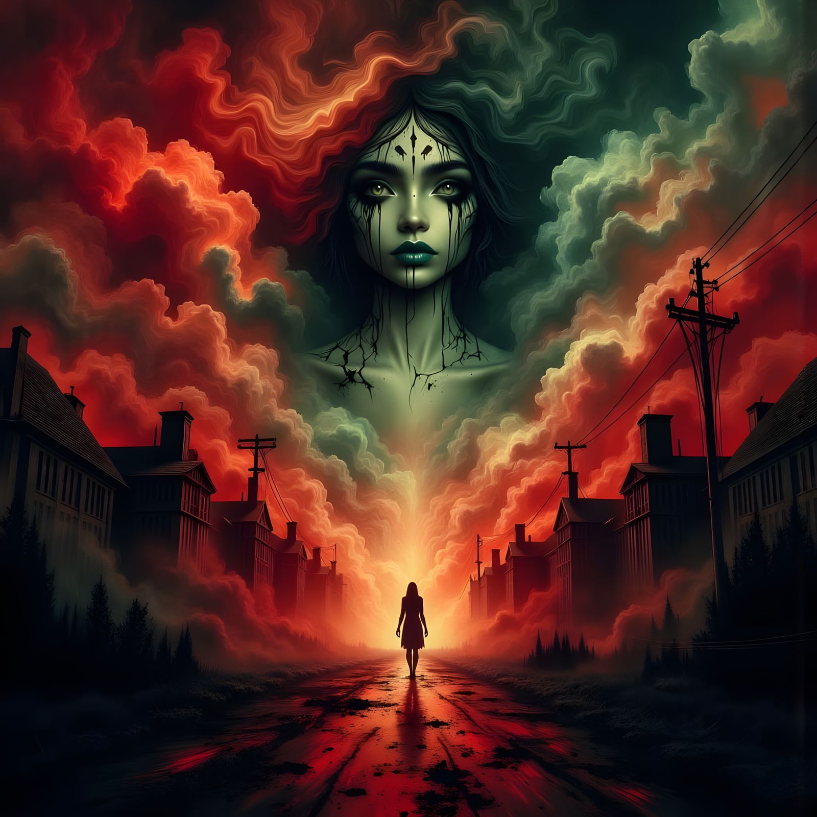 <lora:Veil of Nightmares:1.0>  Drewmscape,
dynamic lighting Gustave Doré warm colors red and green mystic fog,in the style of Creepy Magazin...