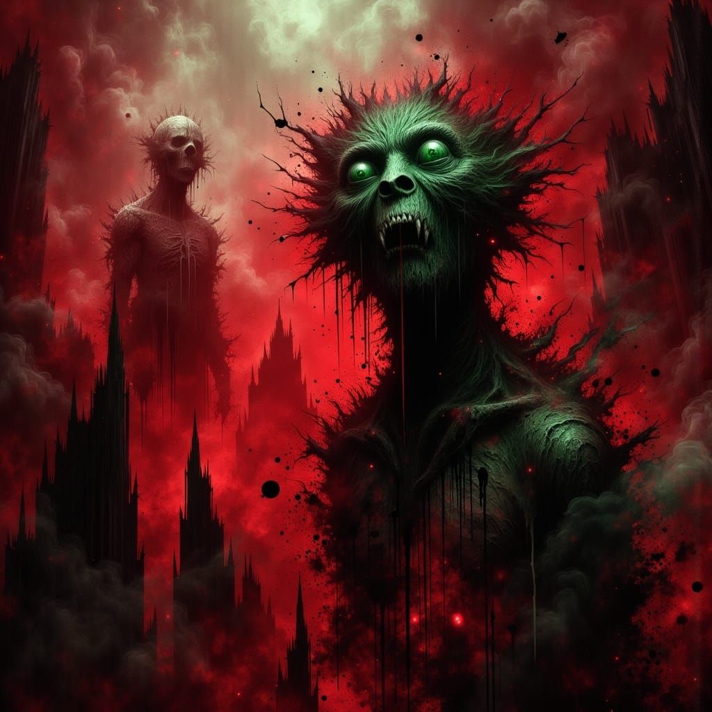 <lora:Veil of Nightmares:1.0>  Drewmscape,
dynamic lighting Gustave Doré warm colors red and green mystic fog,in the style of Creepy Magazin...