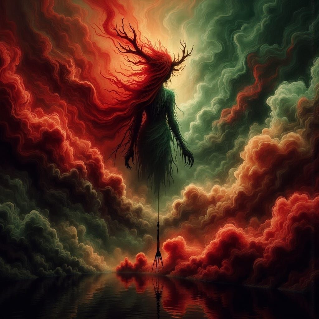 <lora:Veil of Nightmares:1.0>  Drewmscape,
dynamic lighting Gustave Doré warm colors red and green mystic fog,in the style of Creepy Magazin...