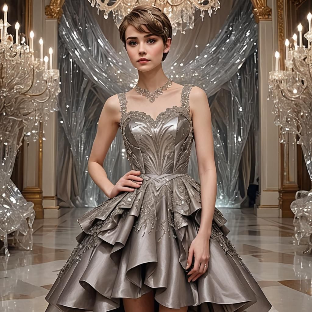 She wears a sleeveless dress with a sweetheart neckline, a d...